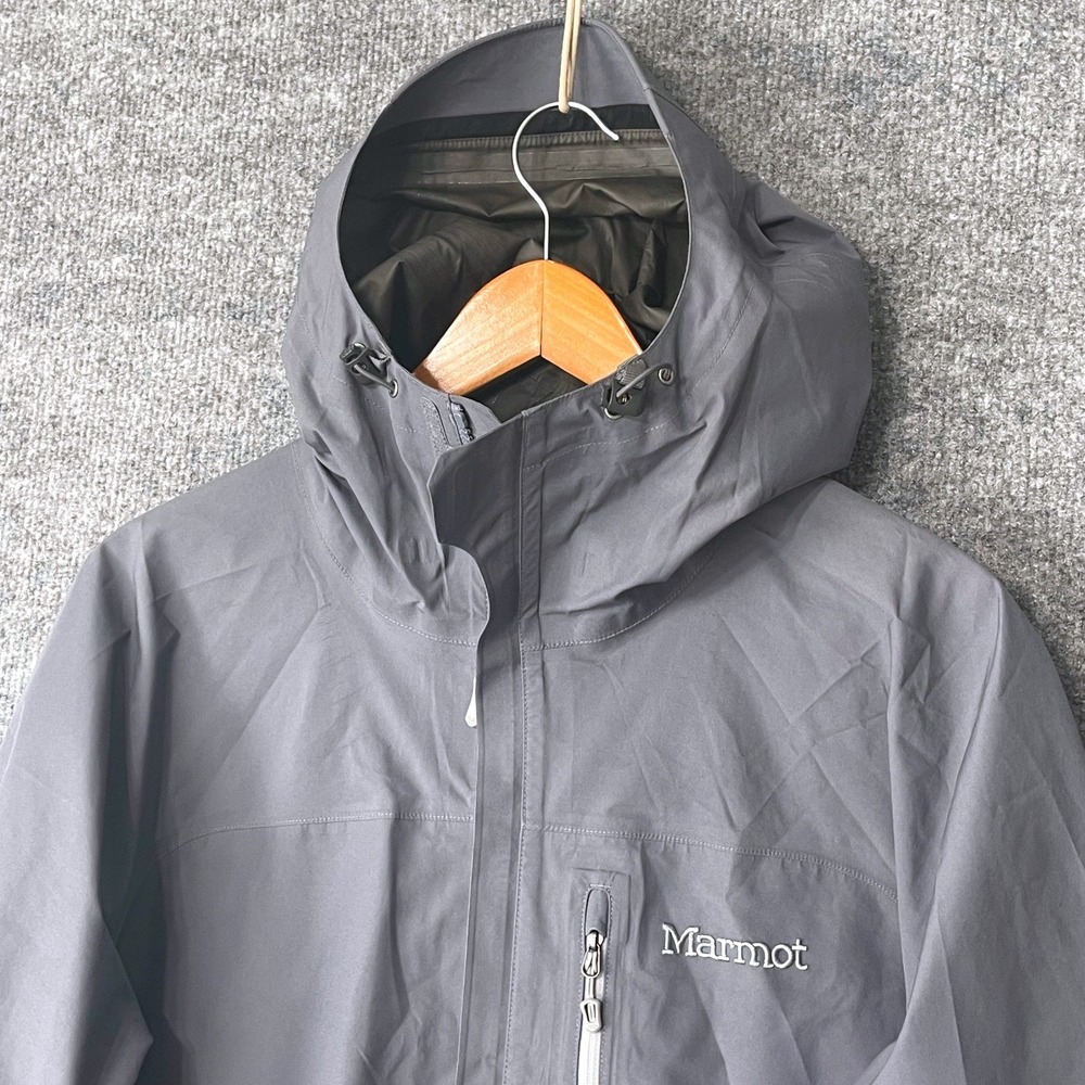 Marmot Gore-Tex Rain Jacket Mens Medium Gray Hooded Waterproof Shell Pit Zips